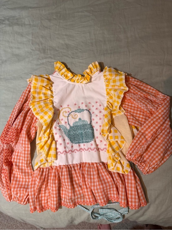 Handmade Tops - THRILLENIUM HANDMADE Gingham Ruffle Smock Top with Teapot Cross-Stitch